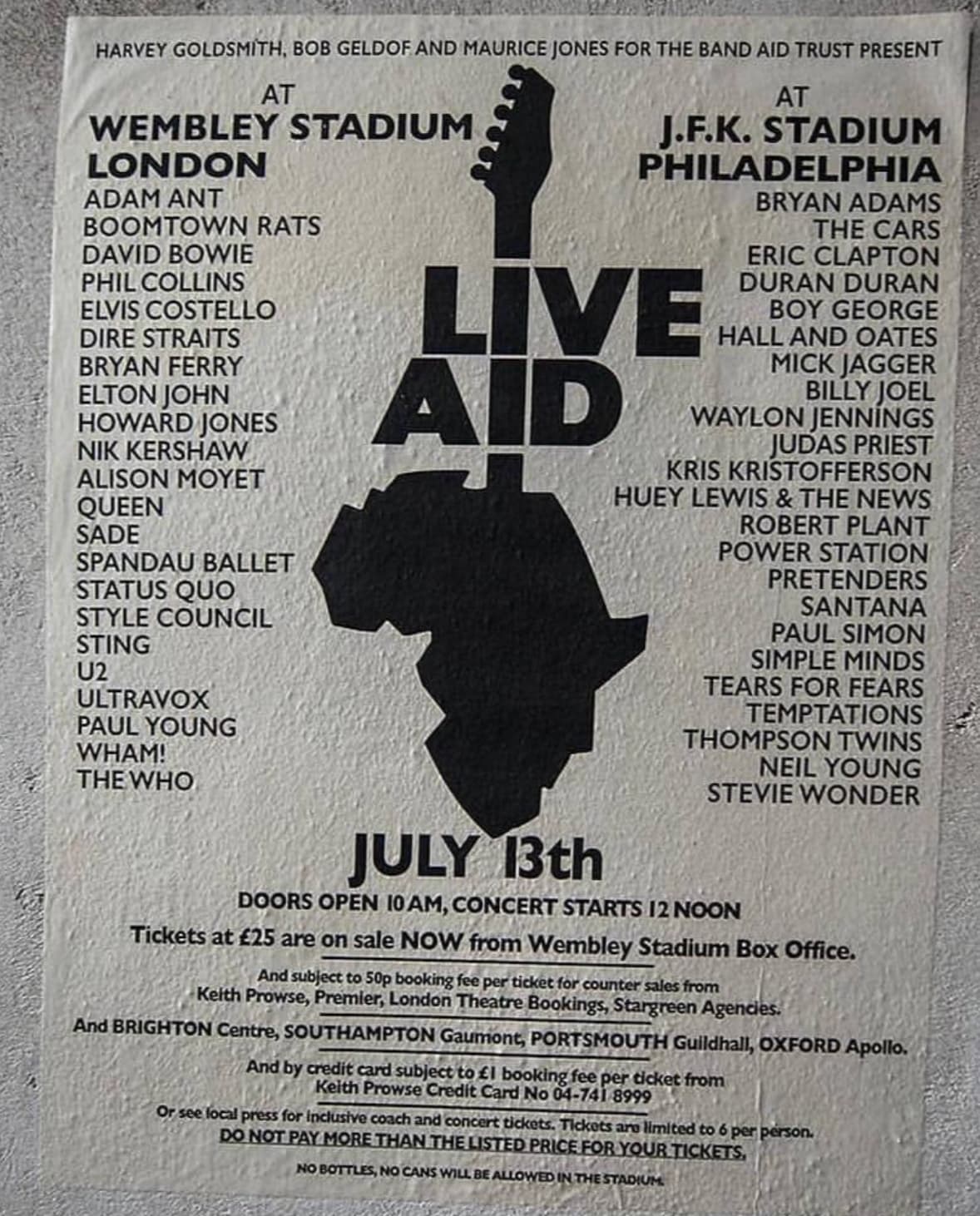 live aid 1985 - Harvey Goldsmith, Bob Geldof And Maurice Jones For The Band Aid Trust Present At Wembley Stadium London Adam Ant Boomtown Rats David Bowie Phil Collins Elvis Costello Dire Straits Bryan Ferry Elton John Howard Jones Nik Kershaw Alison Moye